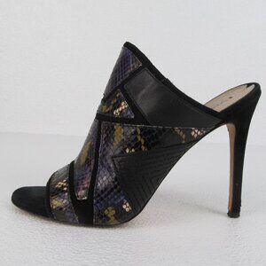 Via Spiga Open Toe Heels Black Purple Snake Print Sandals Women’s Size 9